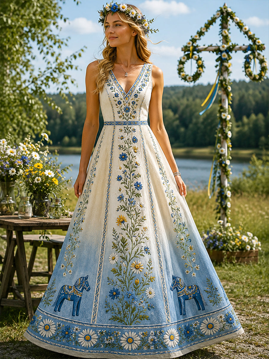 Vintage svensk blommig dalahästkonsttryck avslappnad klänning