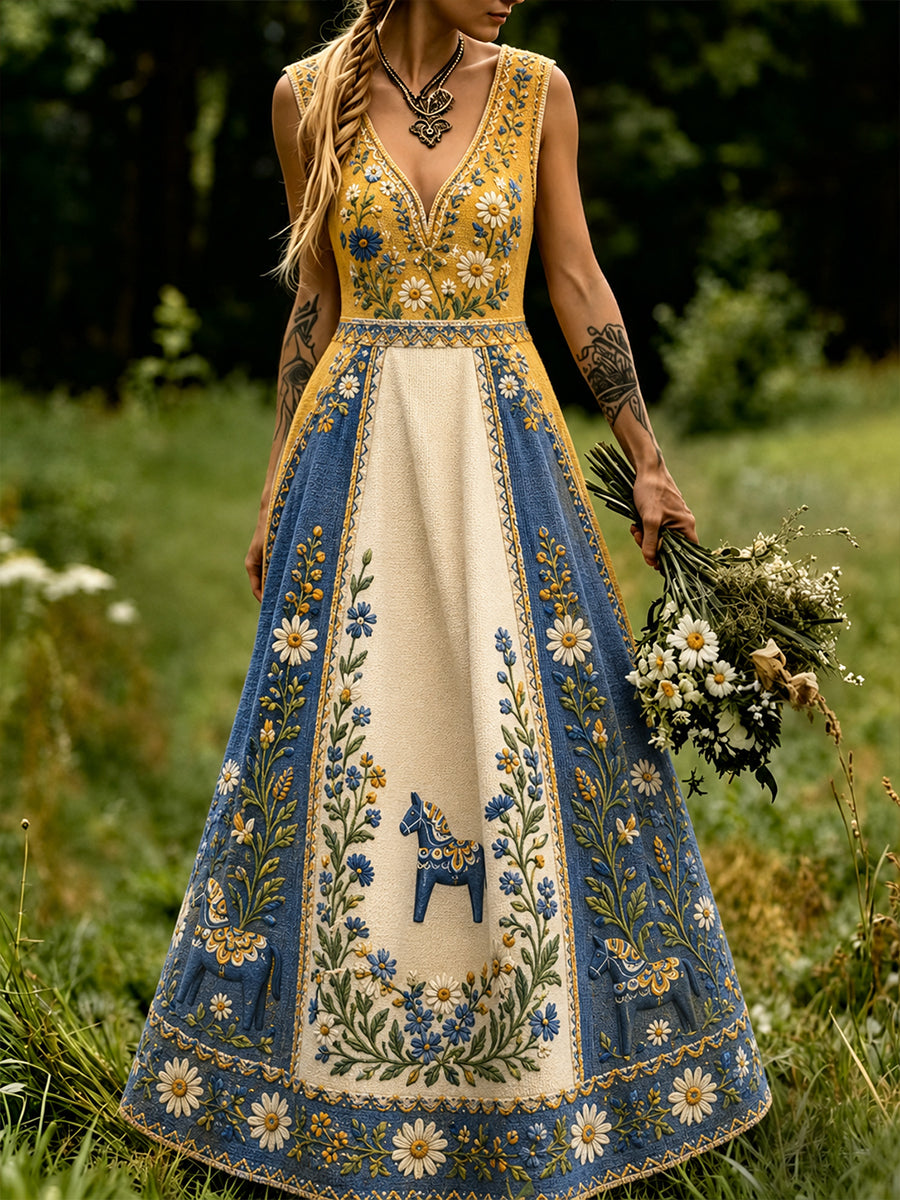 Vintage svensk blommig dalahästkonsttryck avslappnad klänning