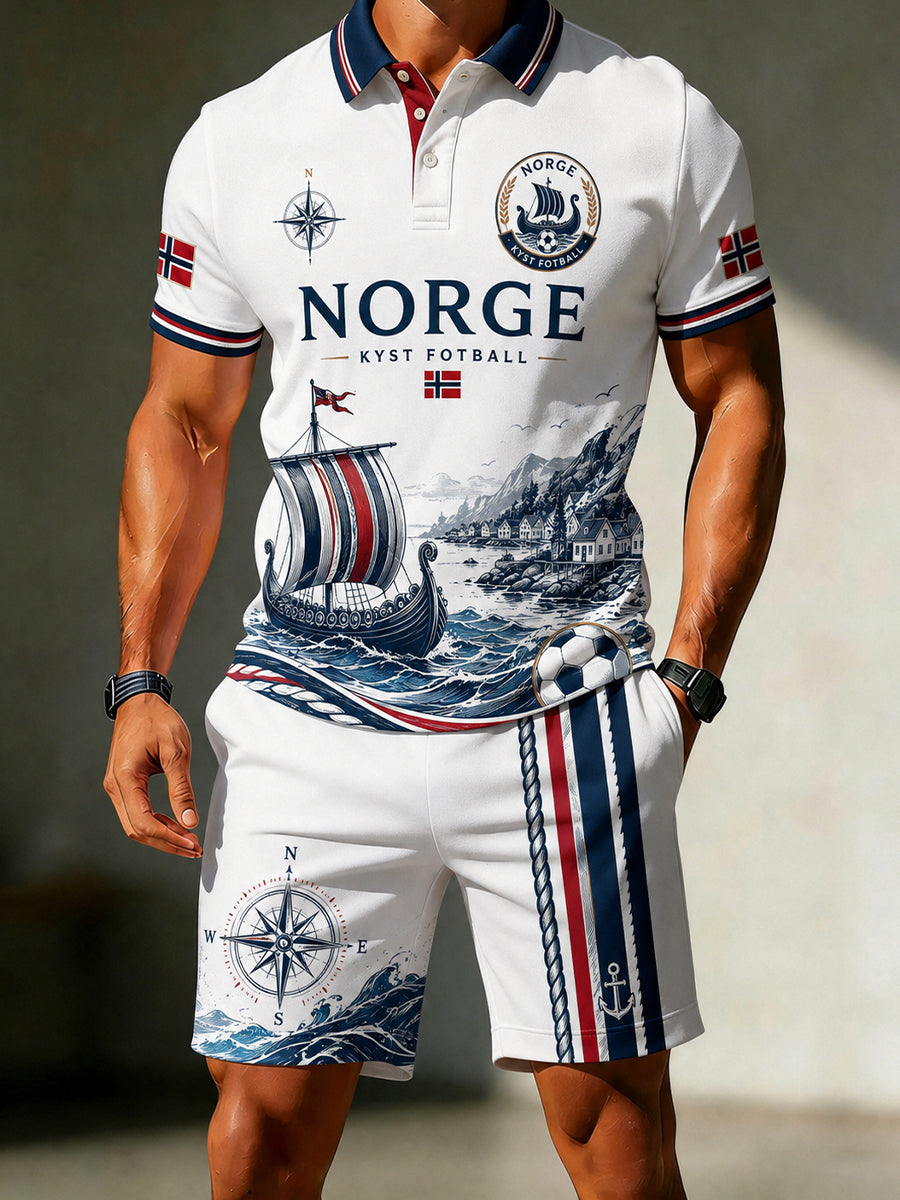 Retro norsk fotballfan-stil nordisk kunsttrykk avslappet poloskjorte todelsett