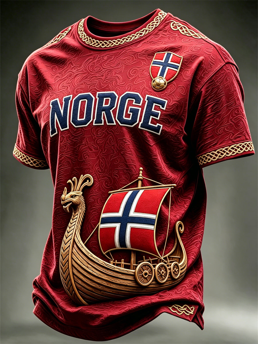 Herre Norge Vikingeskips-Norge Fotball- og flaggkunsttrykk t-skjorte med korte ermer