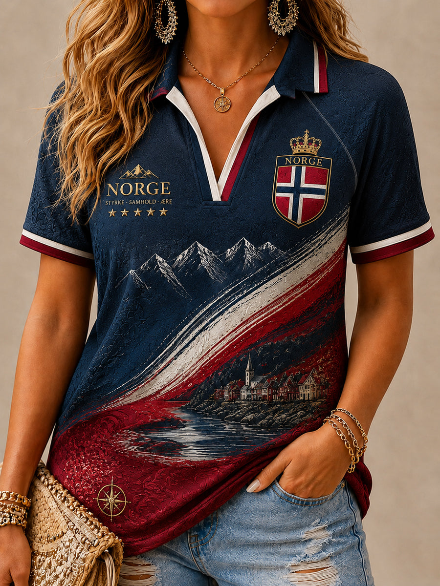 Dames 2026 Norsk klassisk poloskjorte med V-utringning