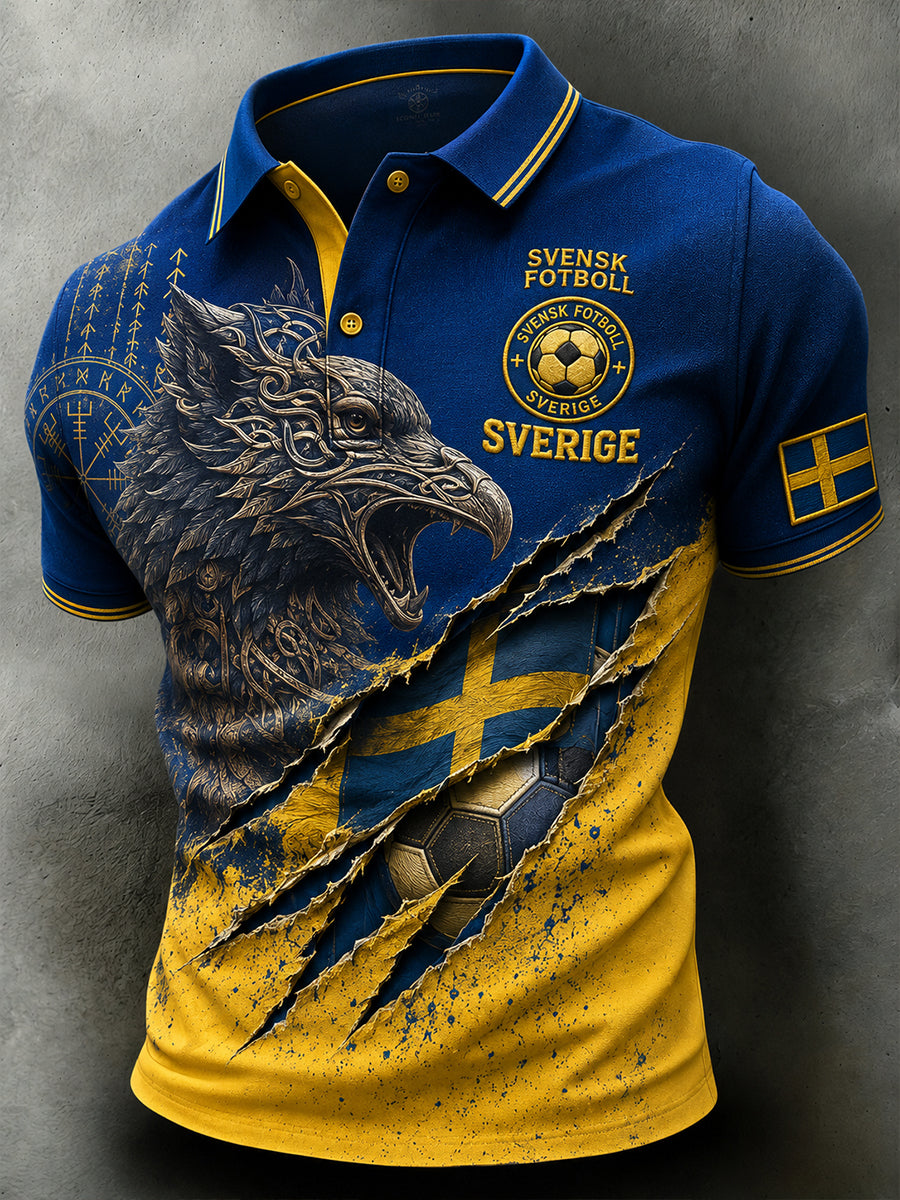 Retro svensk fotbollsfanart-print avslappnad pikétröja