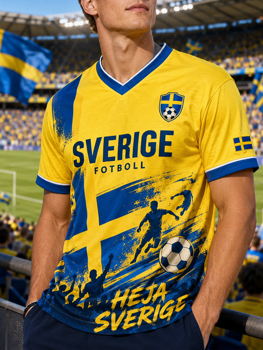 Herr-T-shirt med fotbollsmotiv, V-ringning och korta ärmarna