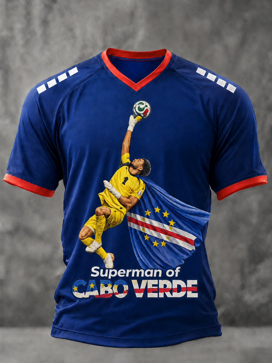 Herrgåva med Superman-tryck för fotbollssupportrar – avslappnad t-shirt med v-ringning