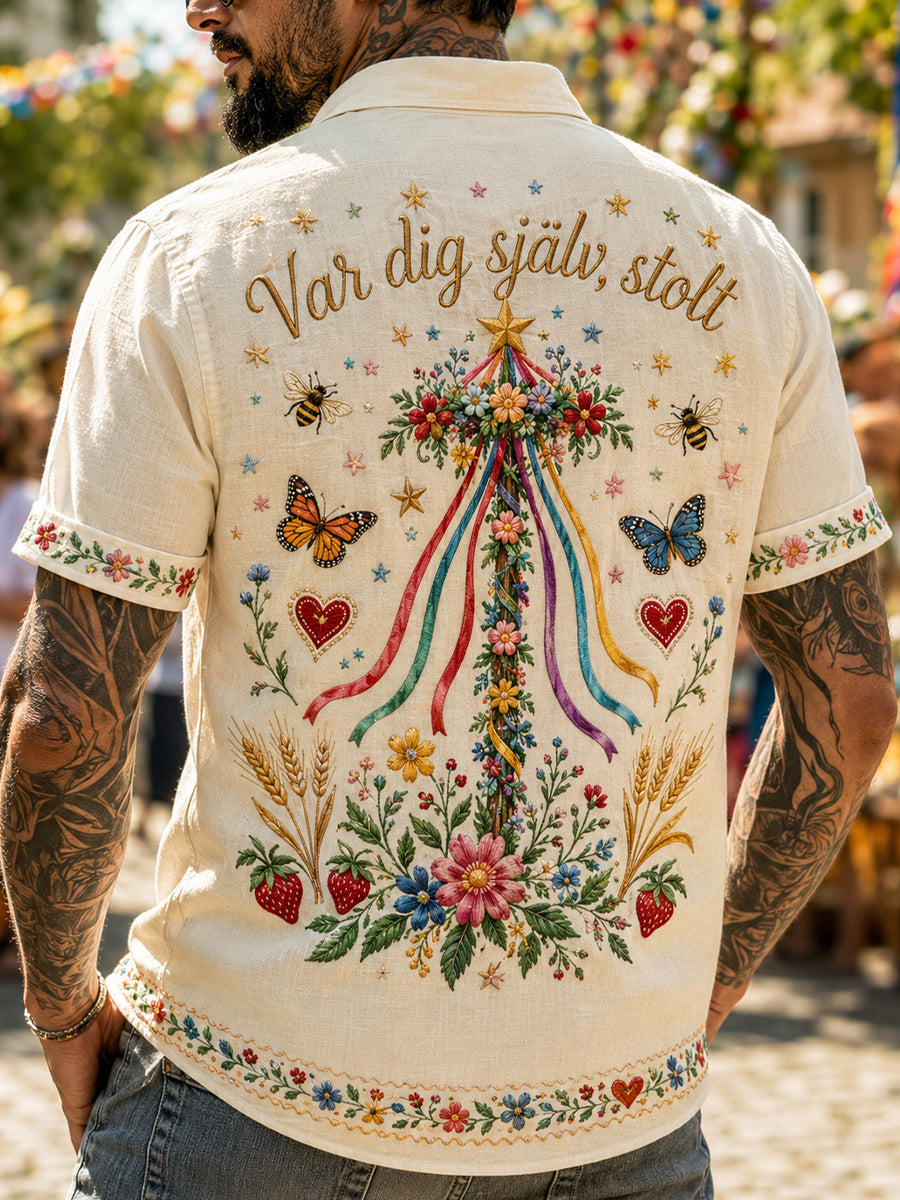 Herrskjorta med korta ärmar och minneskonsttryck från Stockholms Pridevecka