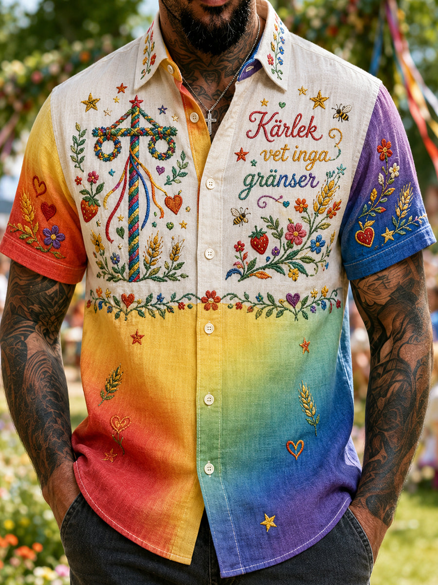 Herrskjorta med korta ärmar och minneskonsttryck från Stockholms Pridevecka