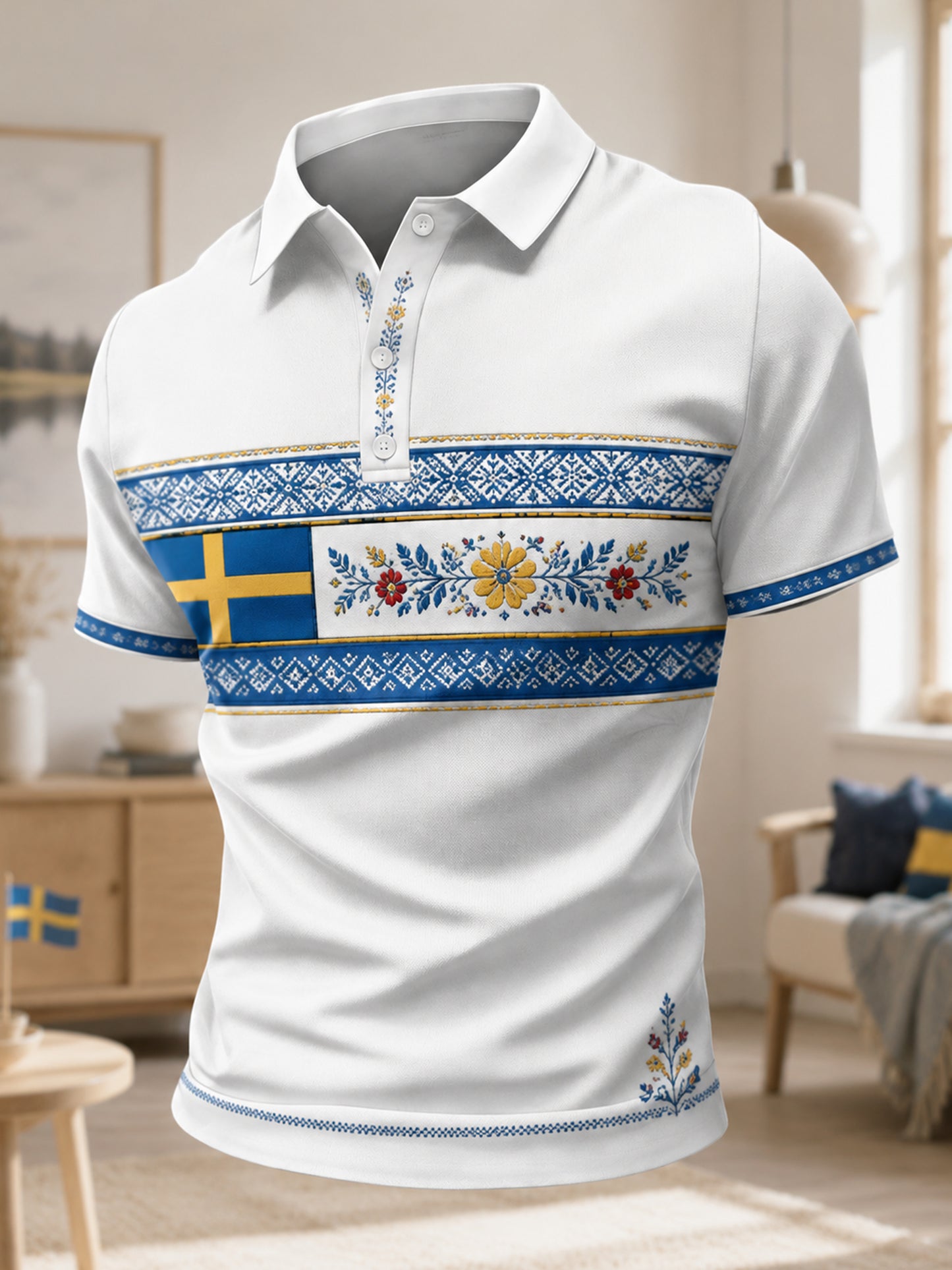 Herrpolotröja med konsttryck till minne av den svenska midsommarfesten