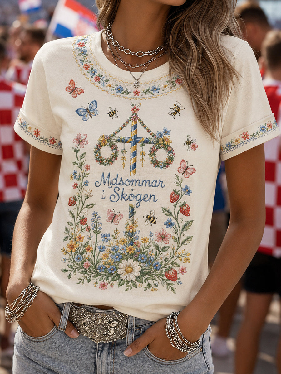 Damer Svensk Midsommarfest Minneskonsttryck T-shirt