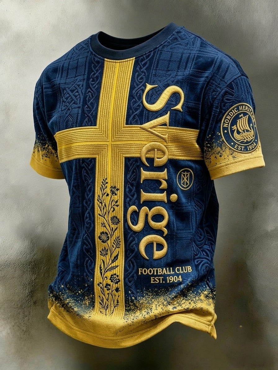 Herrtröja i retrostil med svensk fotbollsmotiv och korta ärmar