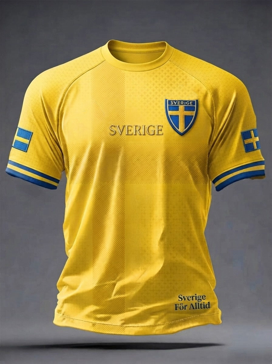 Herrtröja i retrostil med svensk fotbollsmotiv och korta ärmar