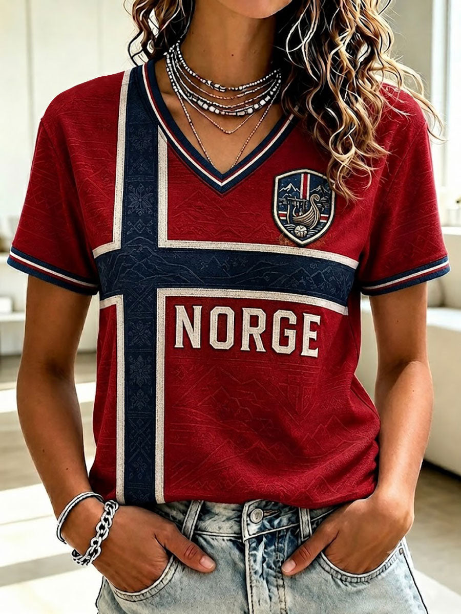 Kvinner Norge Fotball Trykt V-utfelling T-skjorte