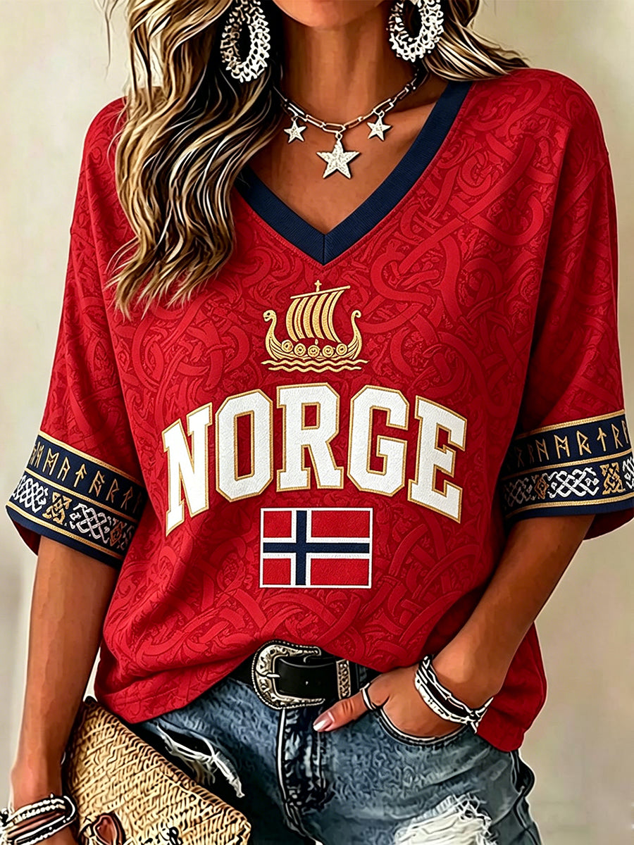 Dame-Norge fotballfan t-skjorte med middellange ermer og V-uttakning