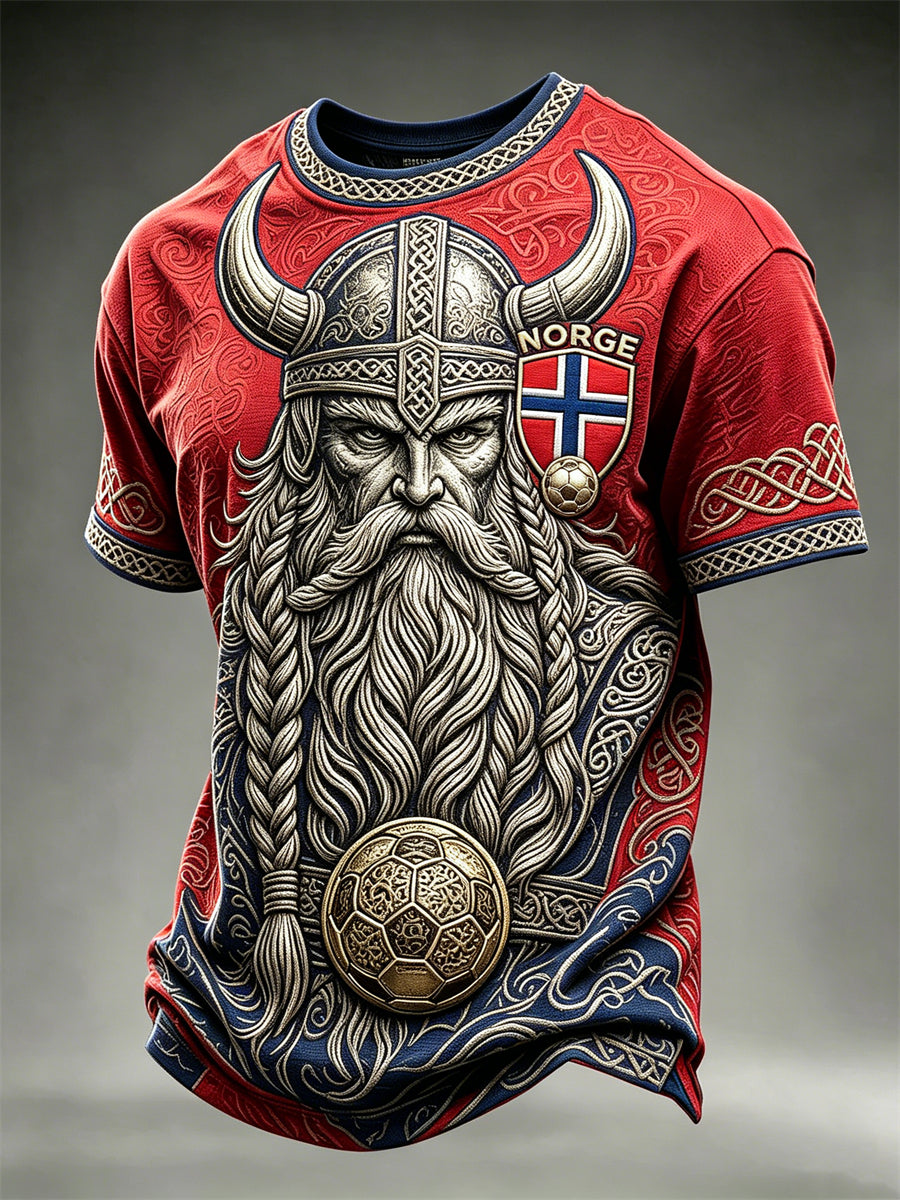 Herre-Norge fotball Vikingkriger keltisk knute flagg fargeblokktrykk t-skjorte med kortermer