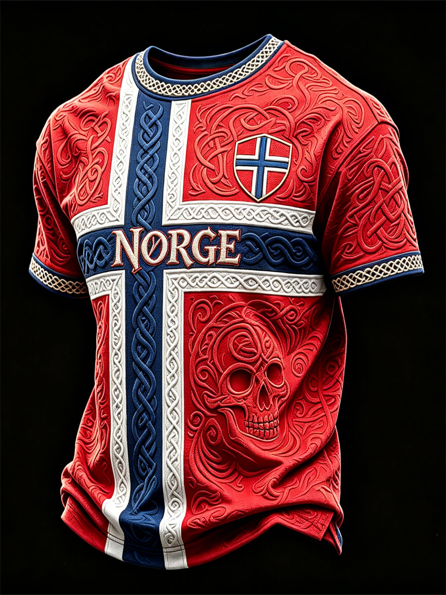Herrer Norge fotball Viking hodeskalle keltisk knute flagg fargeblokktrykk t-skjorte med kortermer