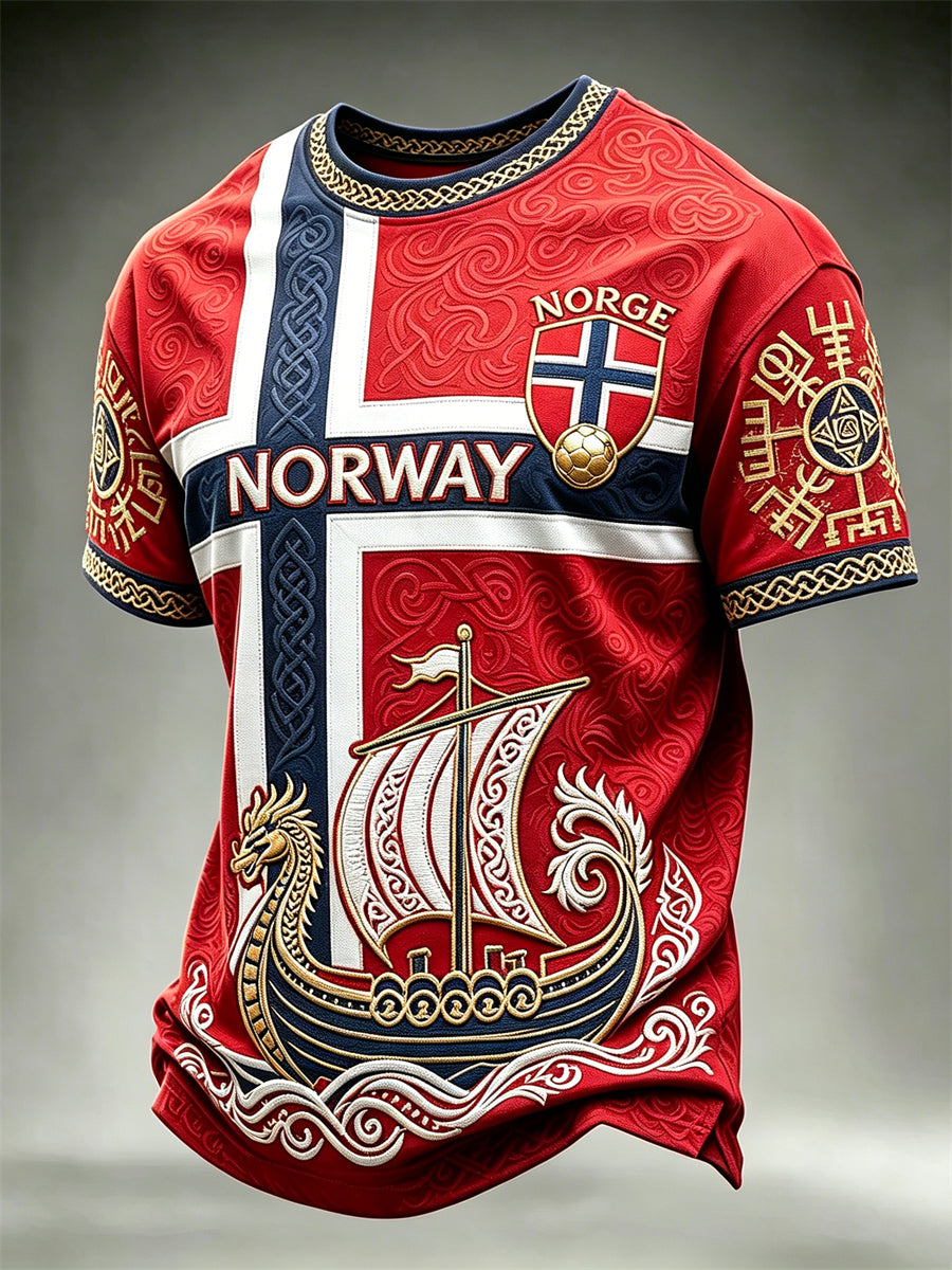 Herrer Norge Fotball Vikingeskips- og Vegvisir-keltisk knute-print t-skjorte med korte ermer