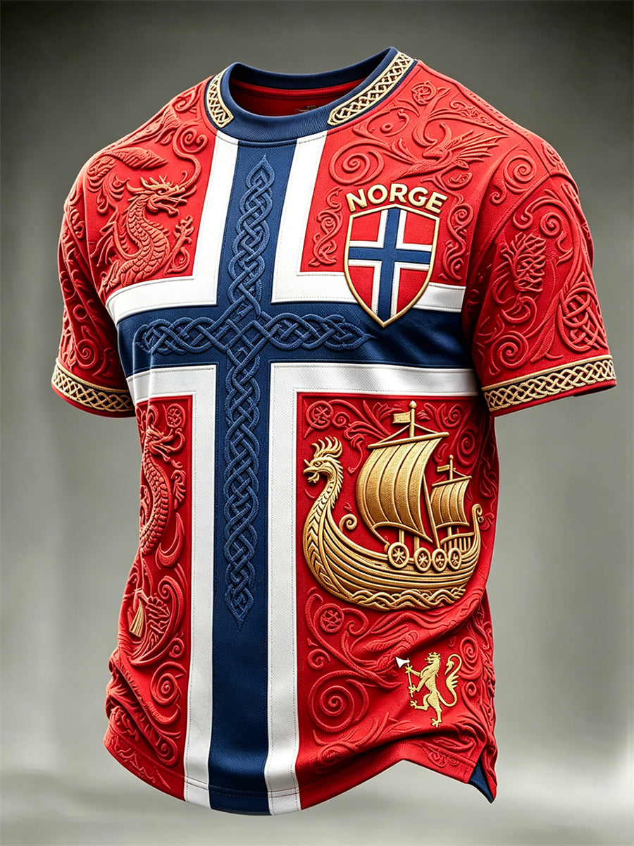 Herrer Norge Fotball Vikingeskips- og drage-keltisk flagg fargeblokktrykk t-skjorte med korte ermer
