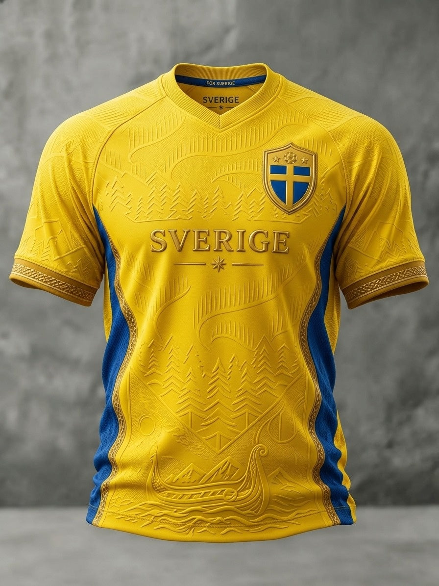 Herrtröja i retrostil med svensk fotbollsmotiv och korta ärmar