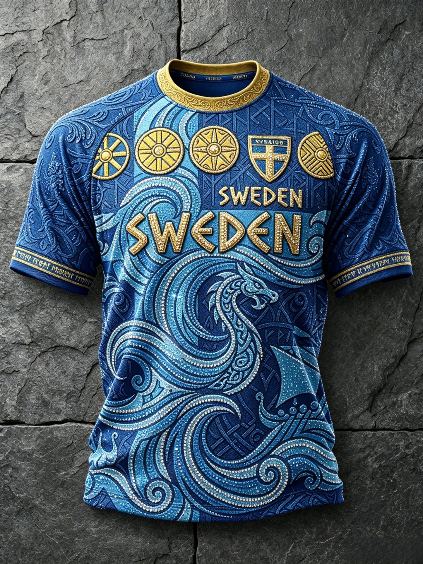Herrtröja i retrostil med svensk fotbollsmotiv och korta ärmar