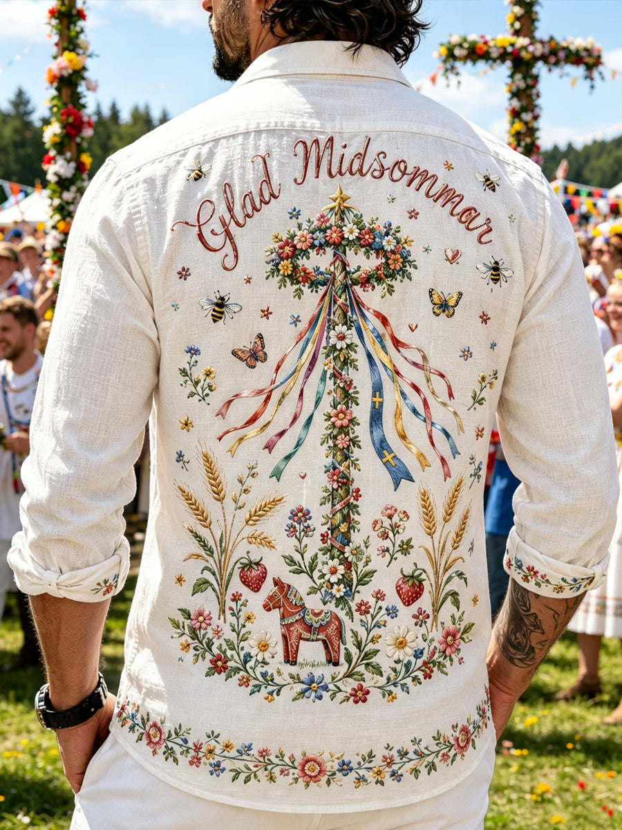 Herrskjorta med konsttryck som hyllar den svenska midsommarfesten, långärmad