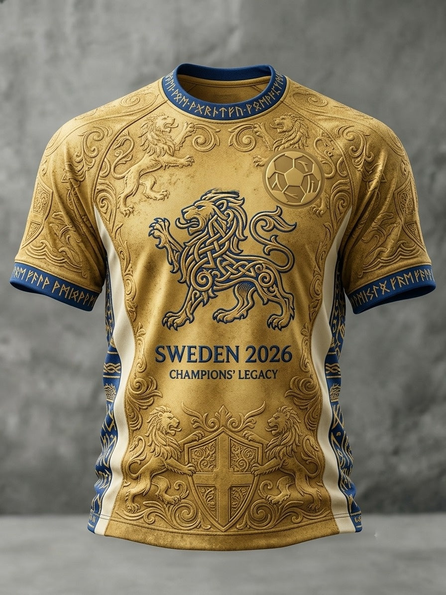 Herrtröja i retrostil med svensk fotbollsmotiv och korta ärmar