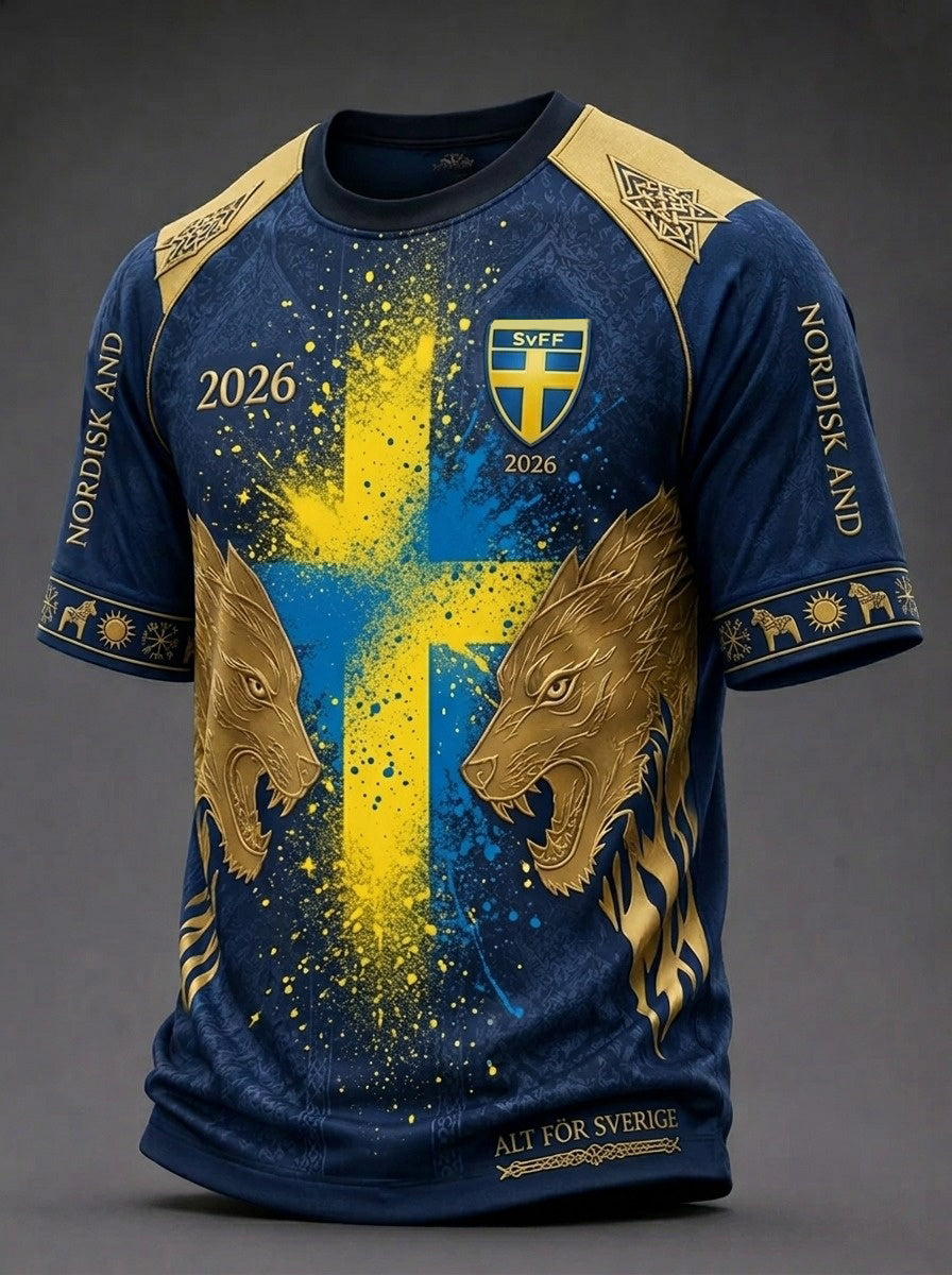 Herrtröja i retrostil med svensk fotbollsmotiv och korta ärmar