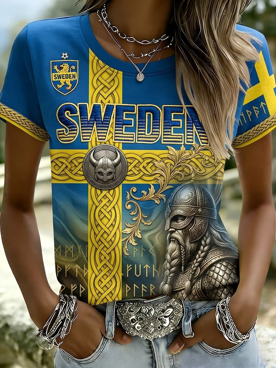 Dammens retro svensk fotbollslädrar-tryck t-shirt med korta ärmar