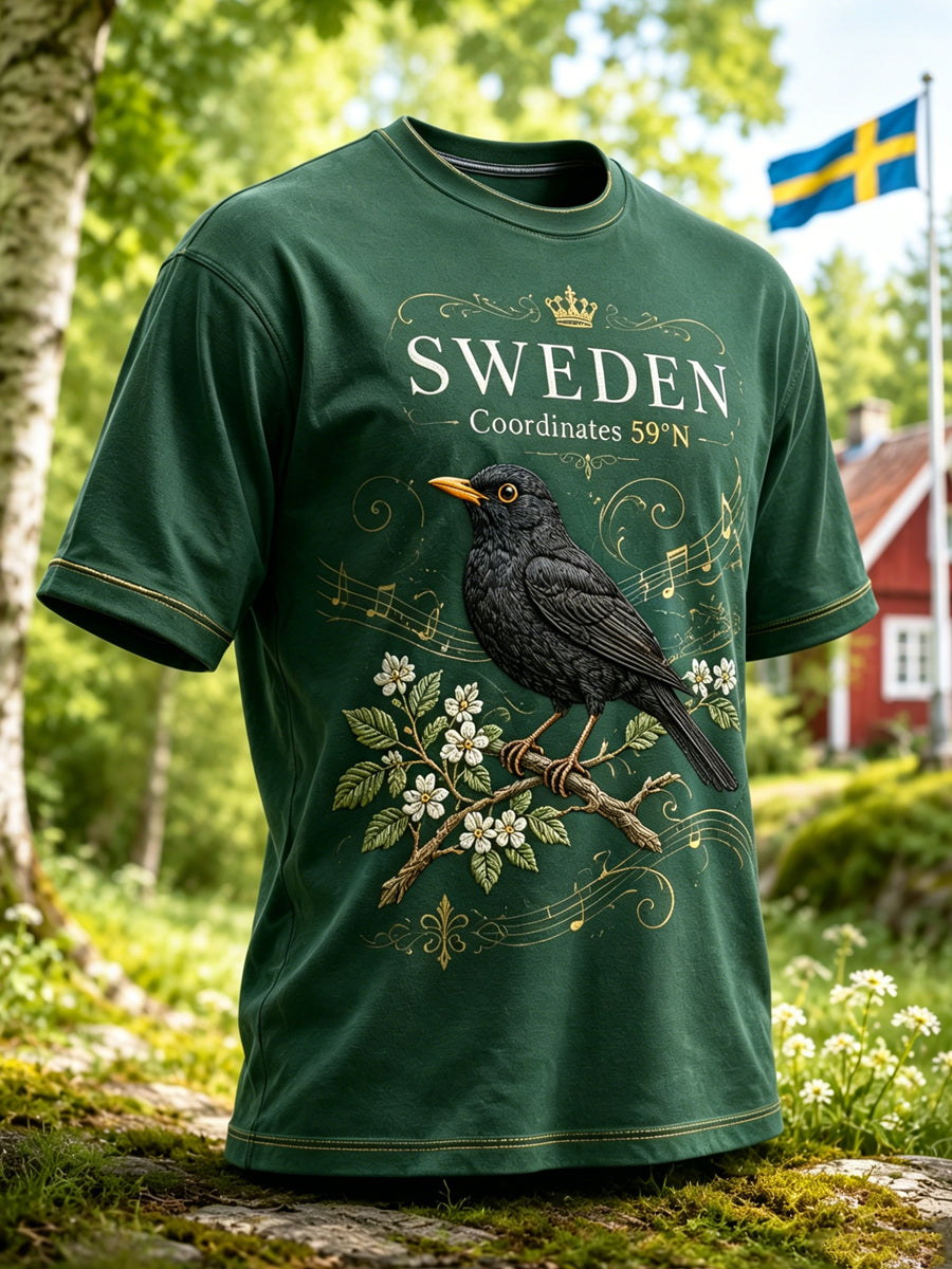 Herrtröja med konsttryck av svensk fågel och naturliga element