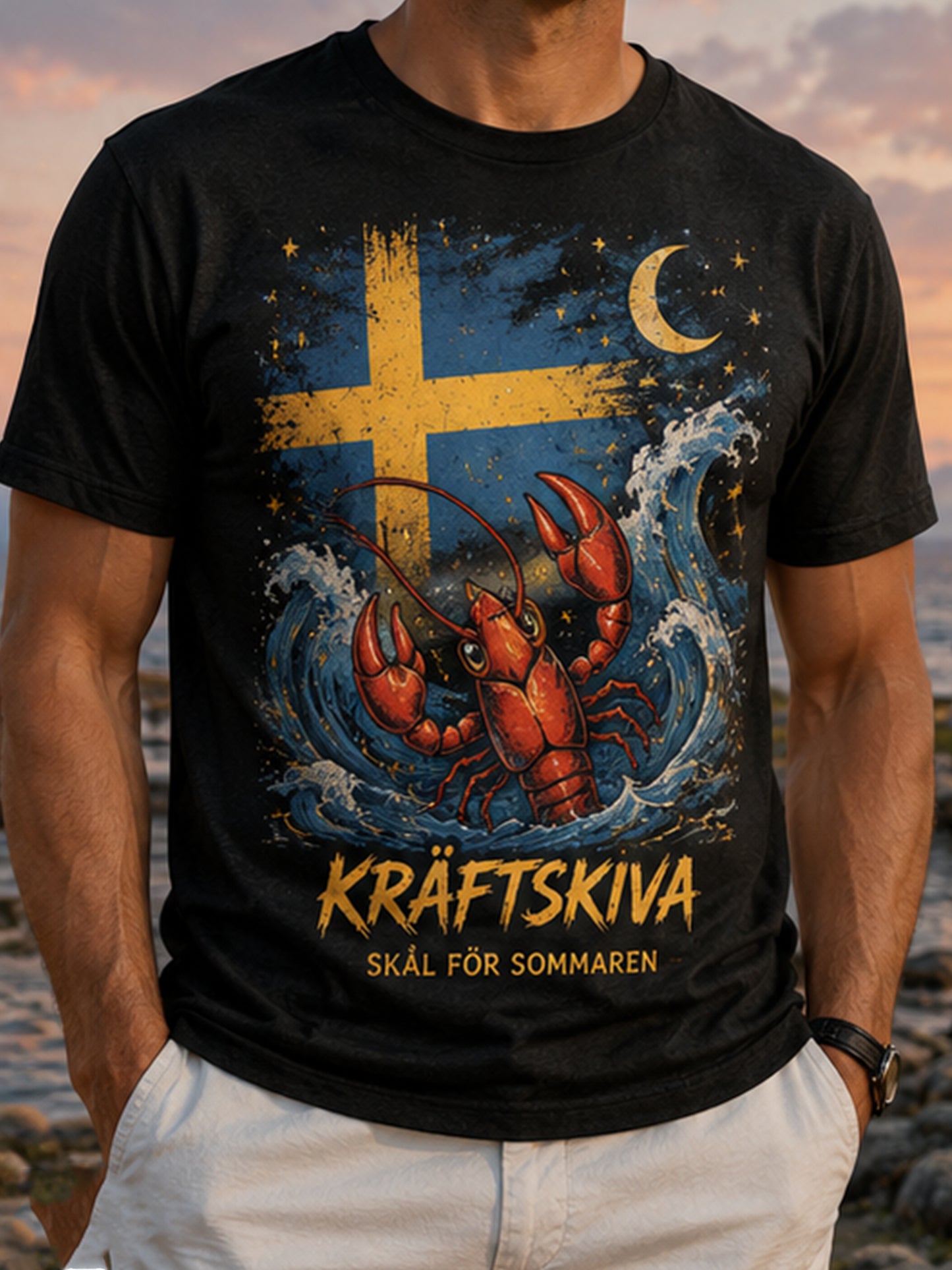 Herrtröja med konsttryck till minne av den svenska hummerfestivalen