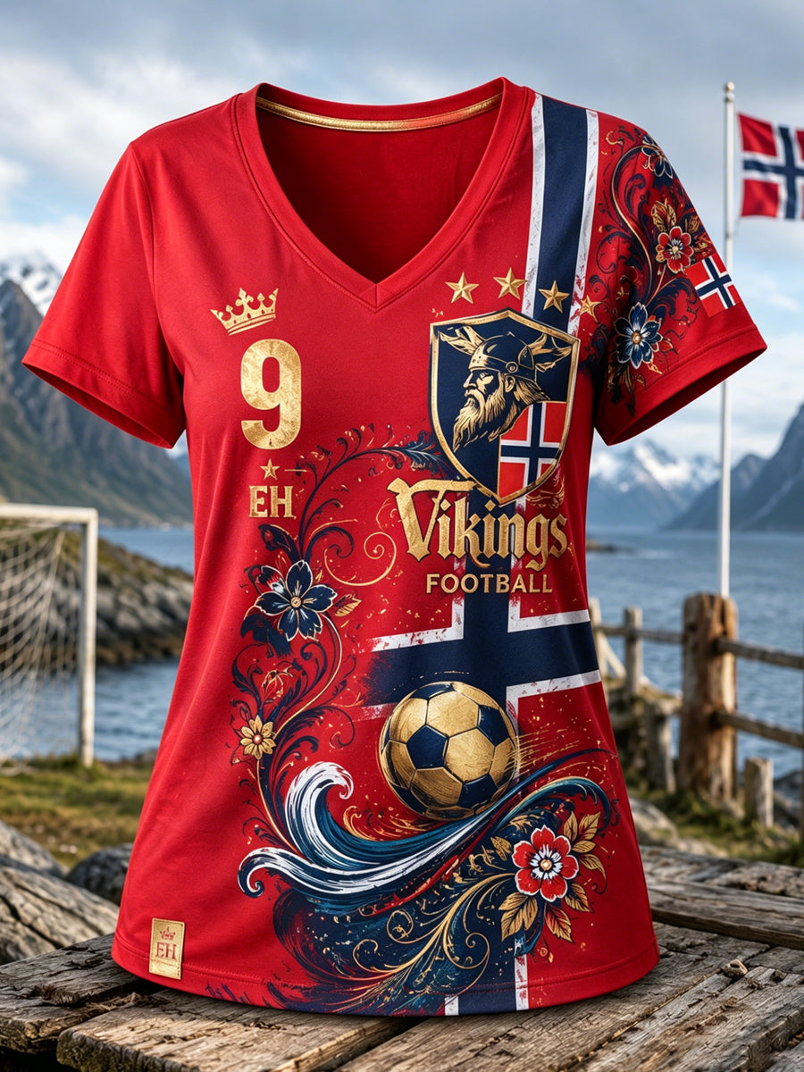 Kvinners norske fotballkamp-heading kunsttrykk T-skjorte med V-uttak