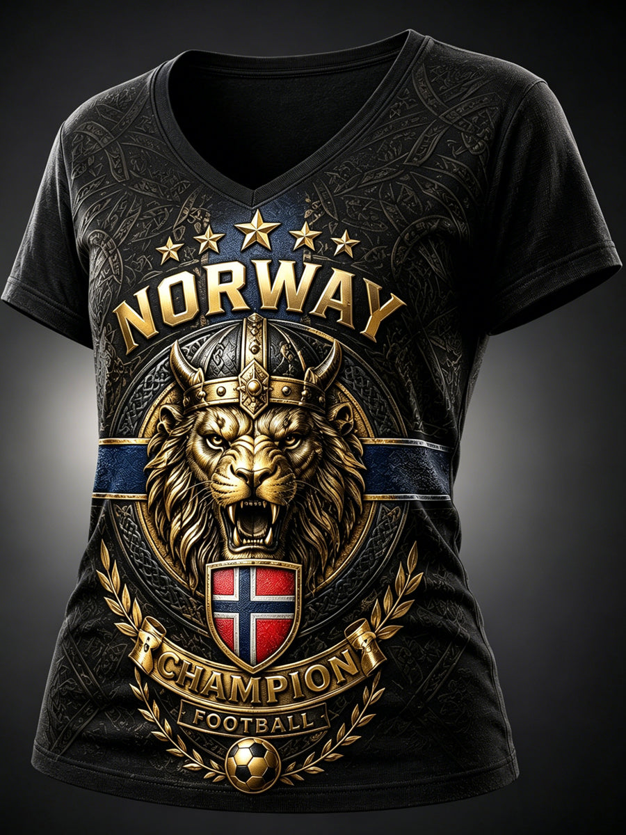 Kvinners norske fotballkamp-heading kunsttrykk T-skjorte med V-uttak