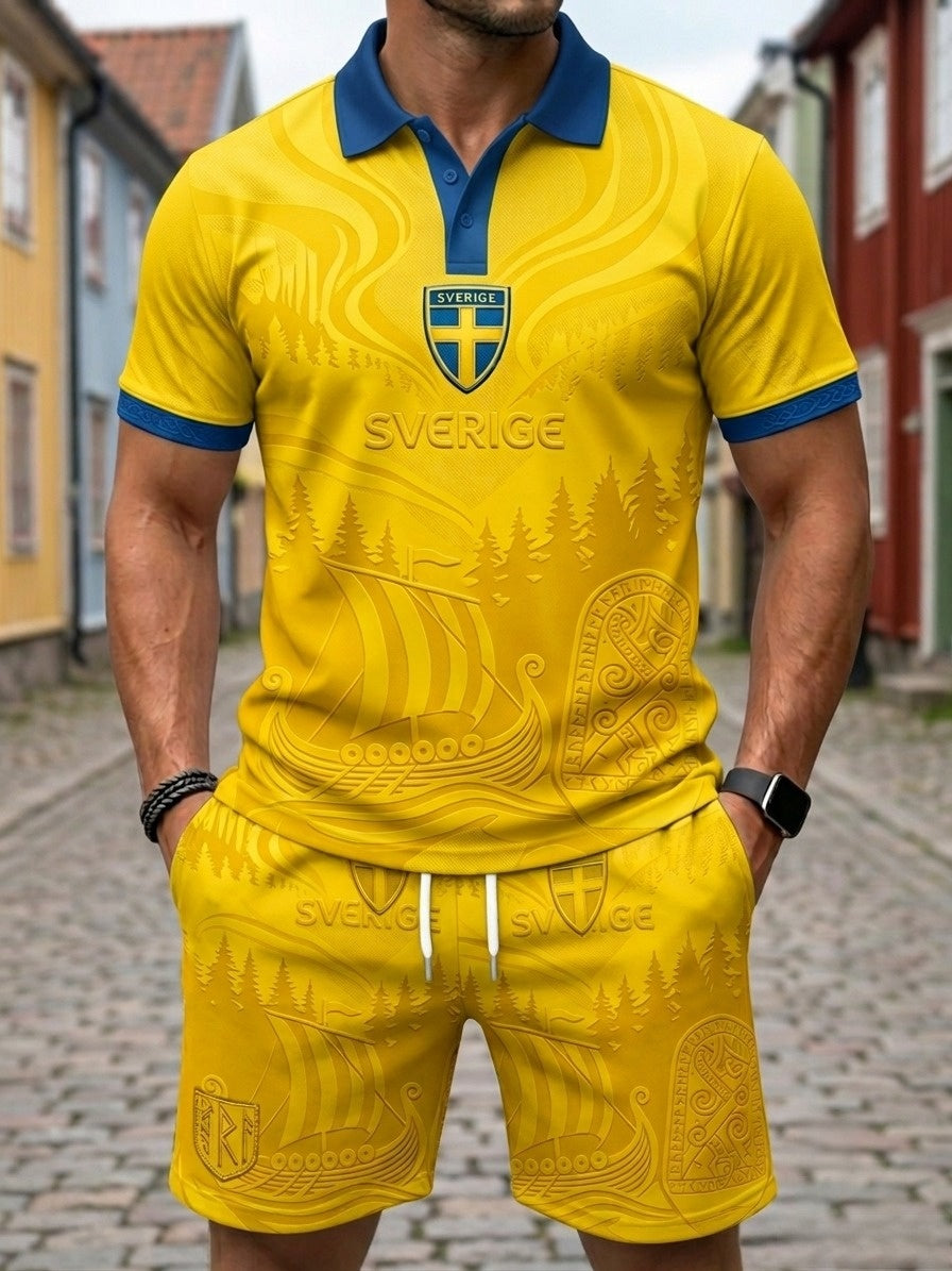 Herrset med retrotryck i svensk fotbollsstil – piké med korta ärmar