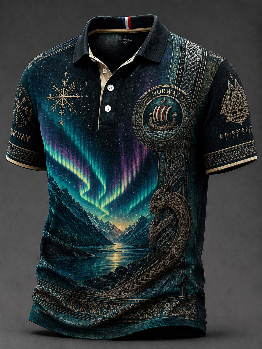 Retro norsk nordlys fremover kunstnerisk casual poloskjorte
