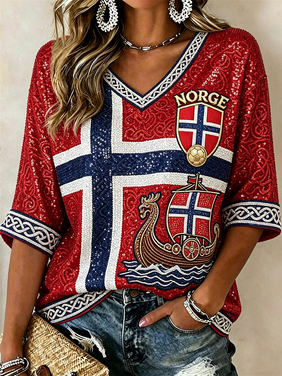 Kvinner Norge Fotball Vikingeskipp Keltisk knute Flagget Glittertrykk Midtlange ermer V-utringning T-skjorte