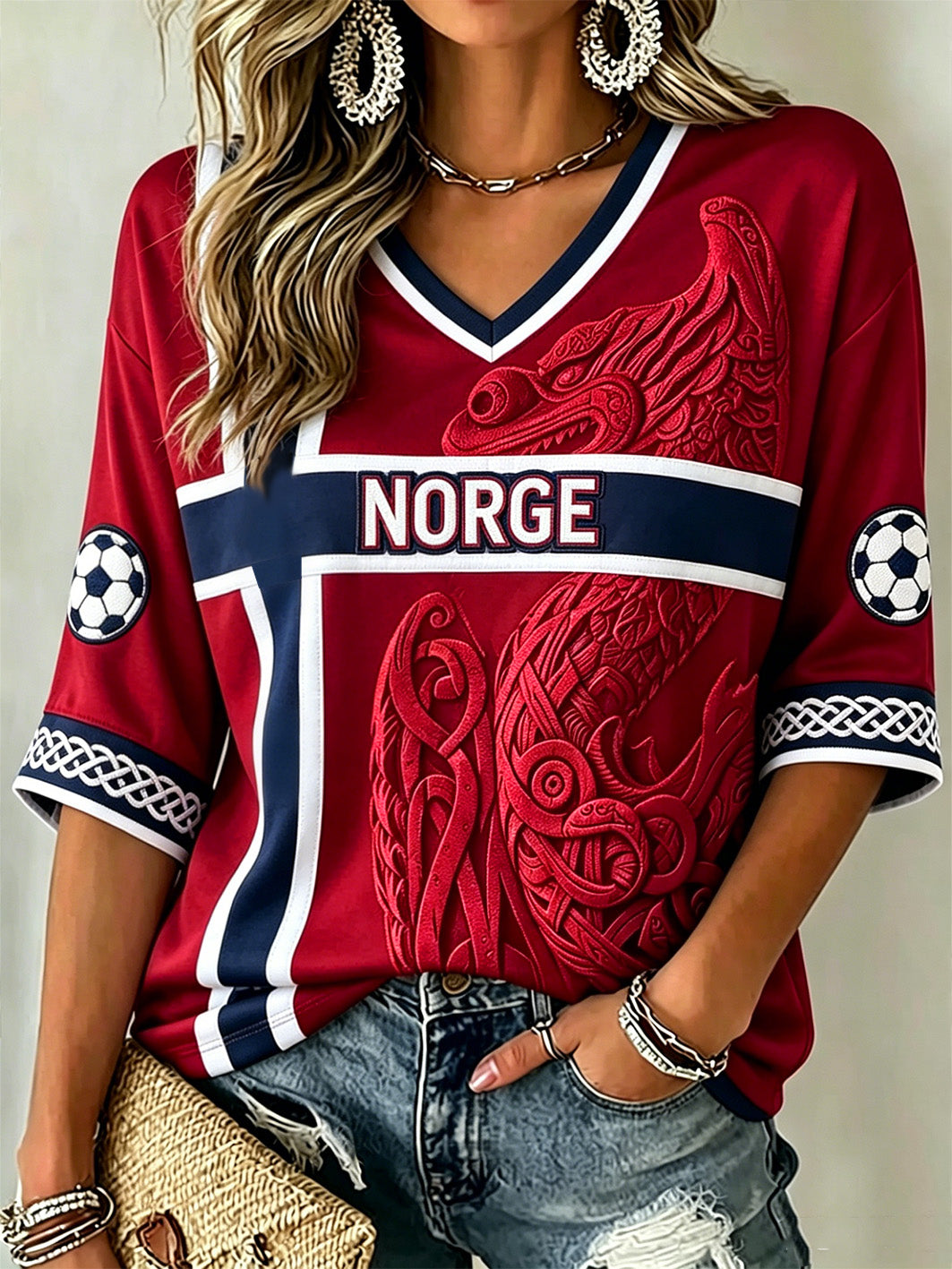 Dame-Viking-element fargeblokkert design hverdagslig midtlengde ermer V-utringning T-skjorte