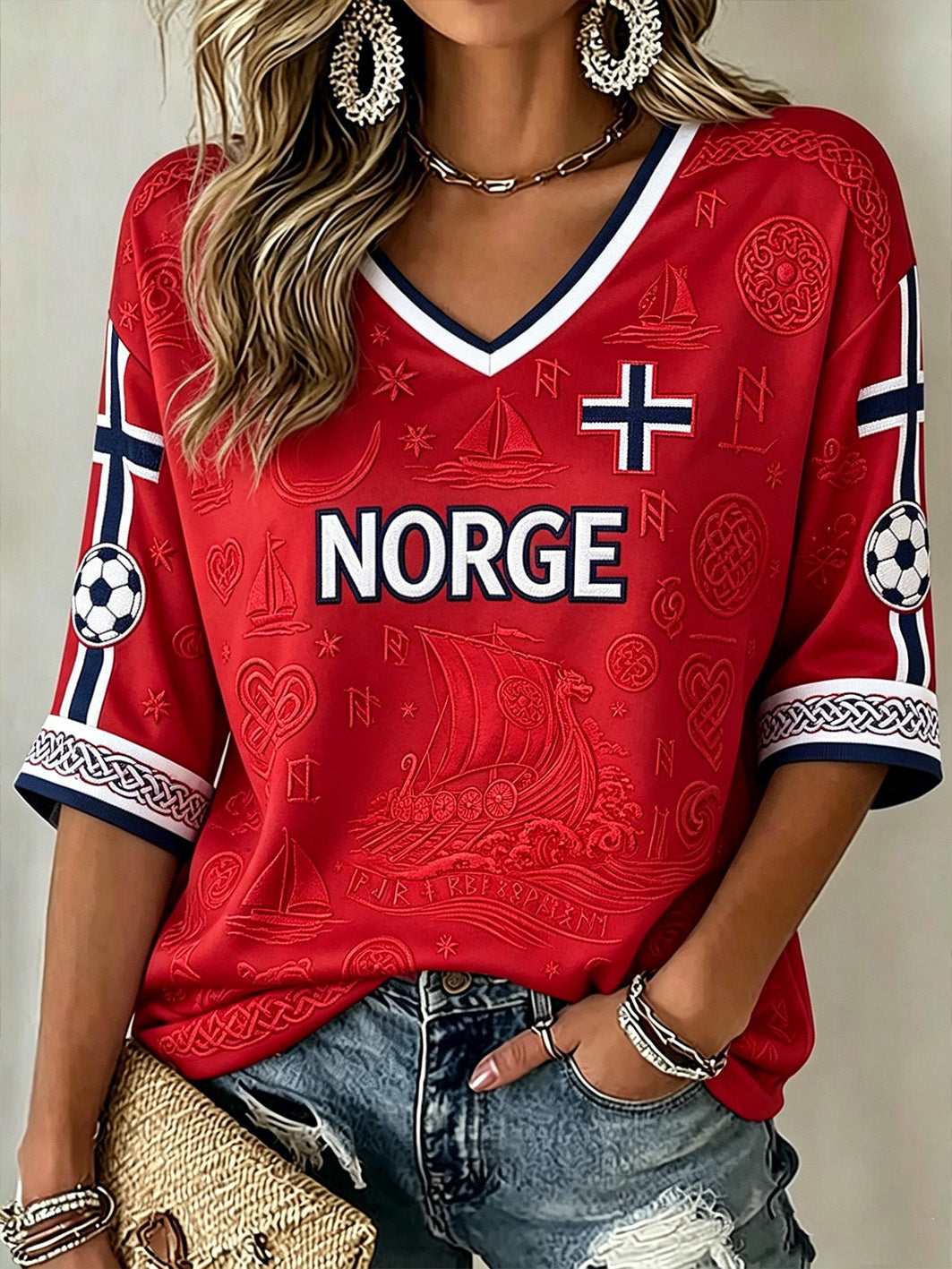 Dame-Viking-element fargeblokkert design hverdagslig midtlengde ermer V-utringning T-skjorte