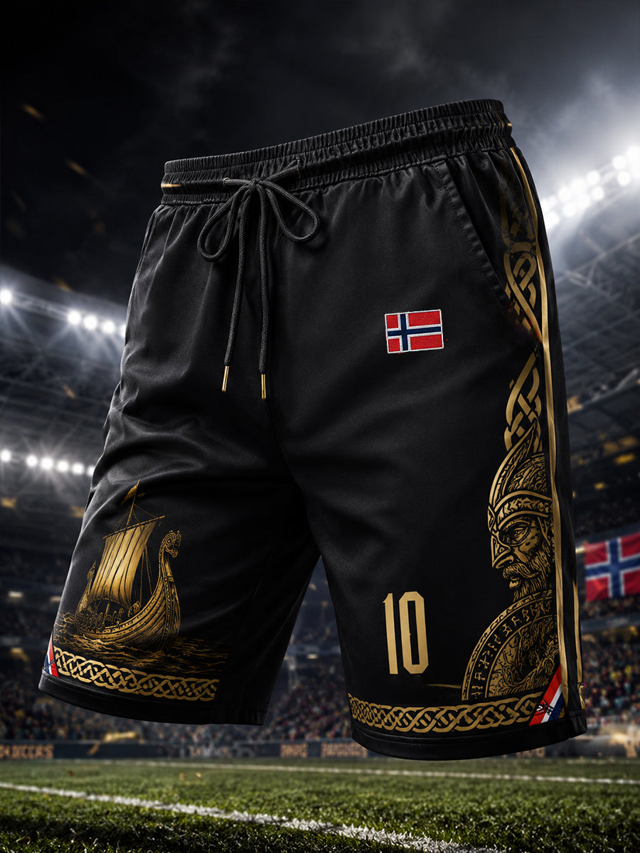 Herre shorts med viking- og fotballmotiv, egnet for idrett