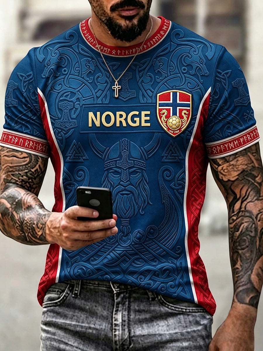 Herre-T-skjorte med vikinginspirert kunsttrykk, kortermet og vikinginspirert design