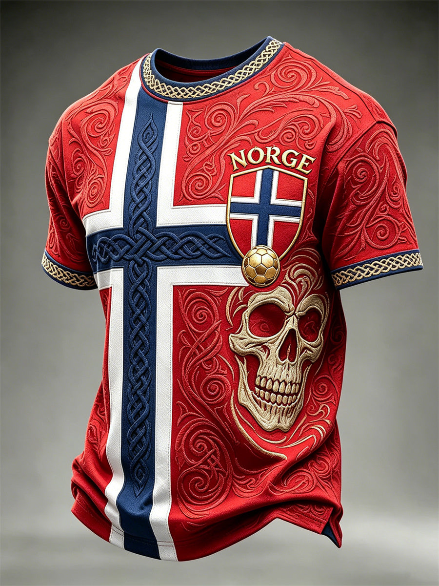 Herre-Norge fotball vikingskjegg keltisk knute flaggtrykk t-skjorte med korte ermer