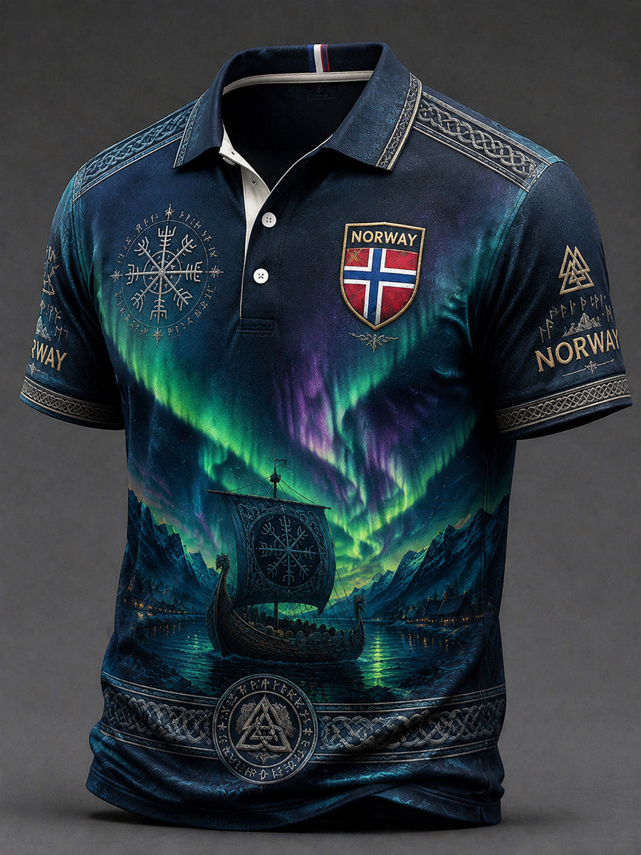Retro norsk nordlys kunst avslappet poloskjorte