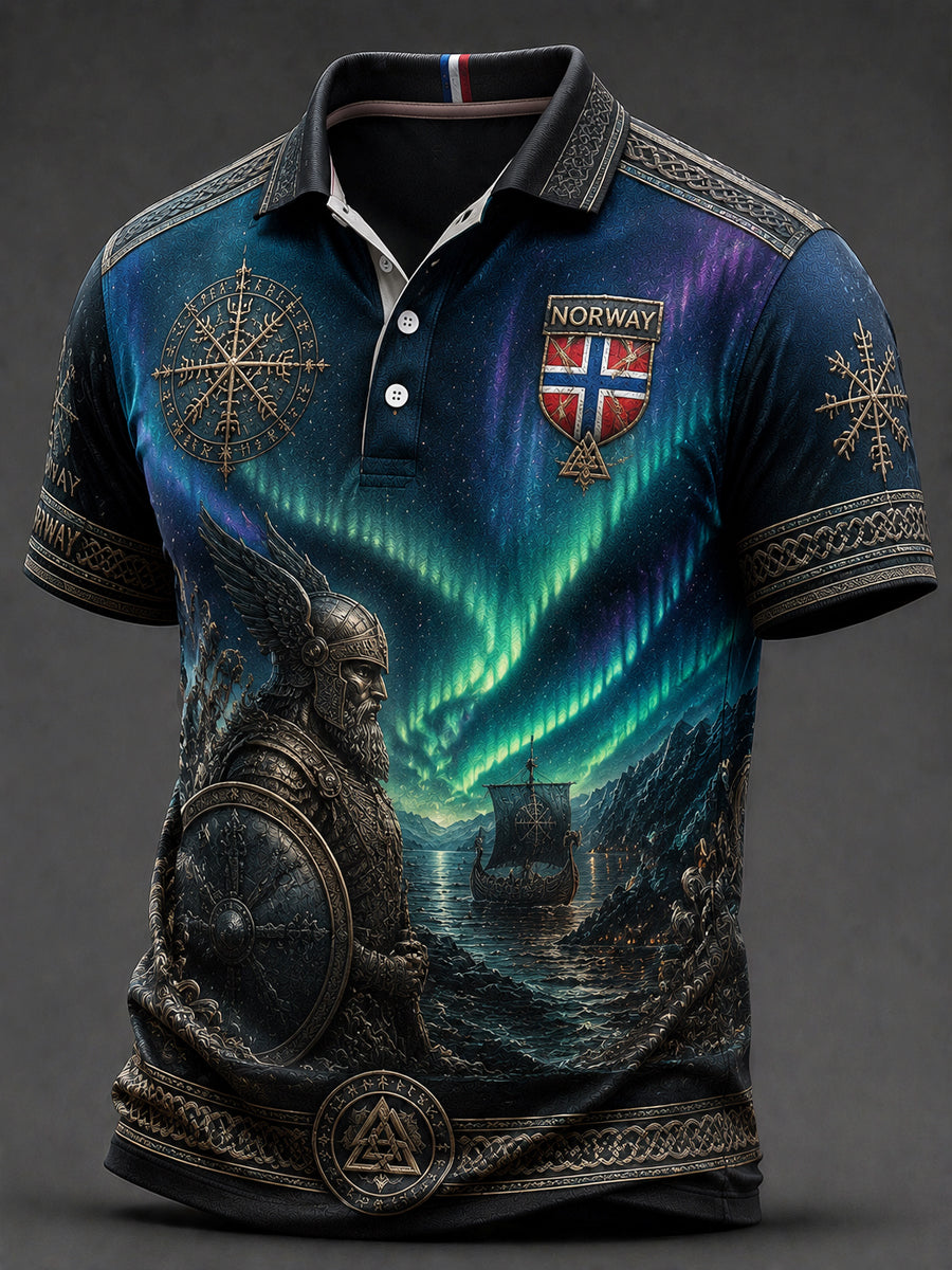 Retro norsk nordlys viking-inspirert avslappet poloskjorte