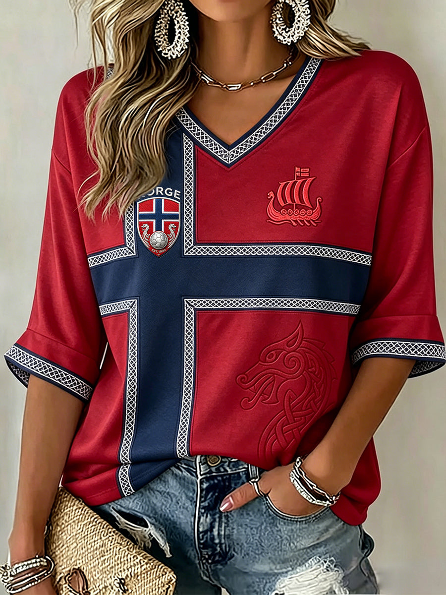 Kvinnerfotball Inspirert utskrift Midt lengde ermer V-hals T-shirt