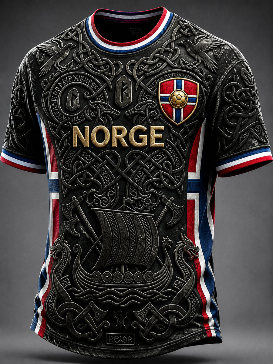Herre-Norge fotball vikinginspirert kunsttrykk t-skjorte med korte ermer