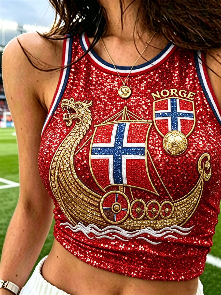 Damelangt topp med glitrende trykk inspirert av Norges flagg og vikingskipet
