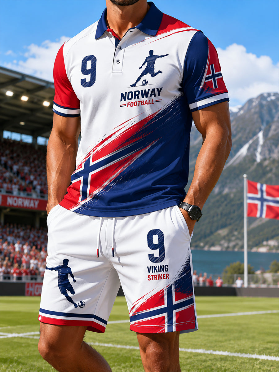Herresett med poloskjorte og shorts med kortermer, prydet med fotballmotiv