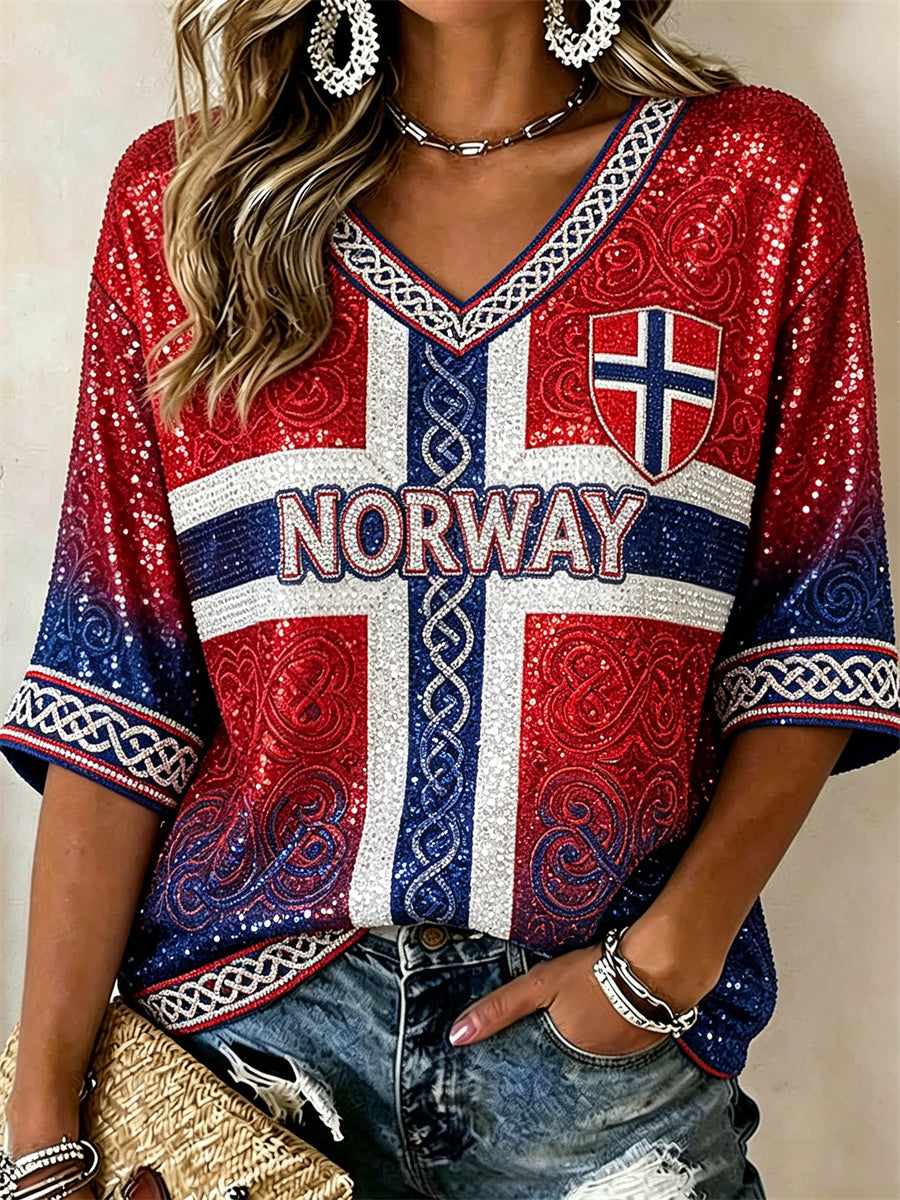 Kvinner Norge Fotball Viking Keltisk knute Flaggradiens Glittertrykk Midtlange ermer V-utringning T-skjorte