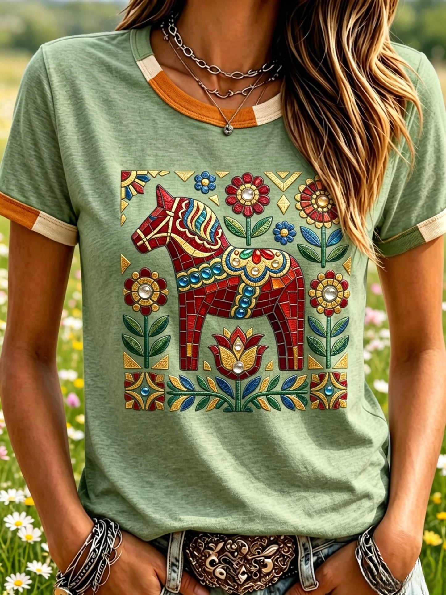 Dammens retrodanska midsommar-Dalahäst t-shirt med korta ärmar