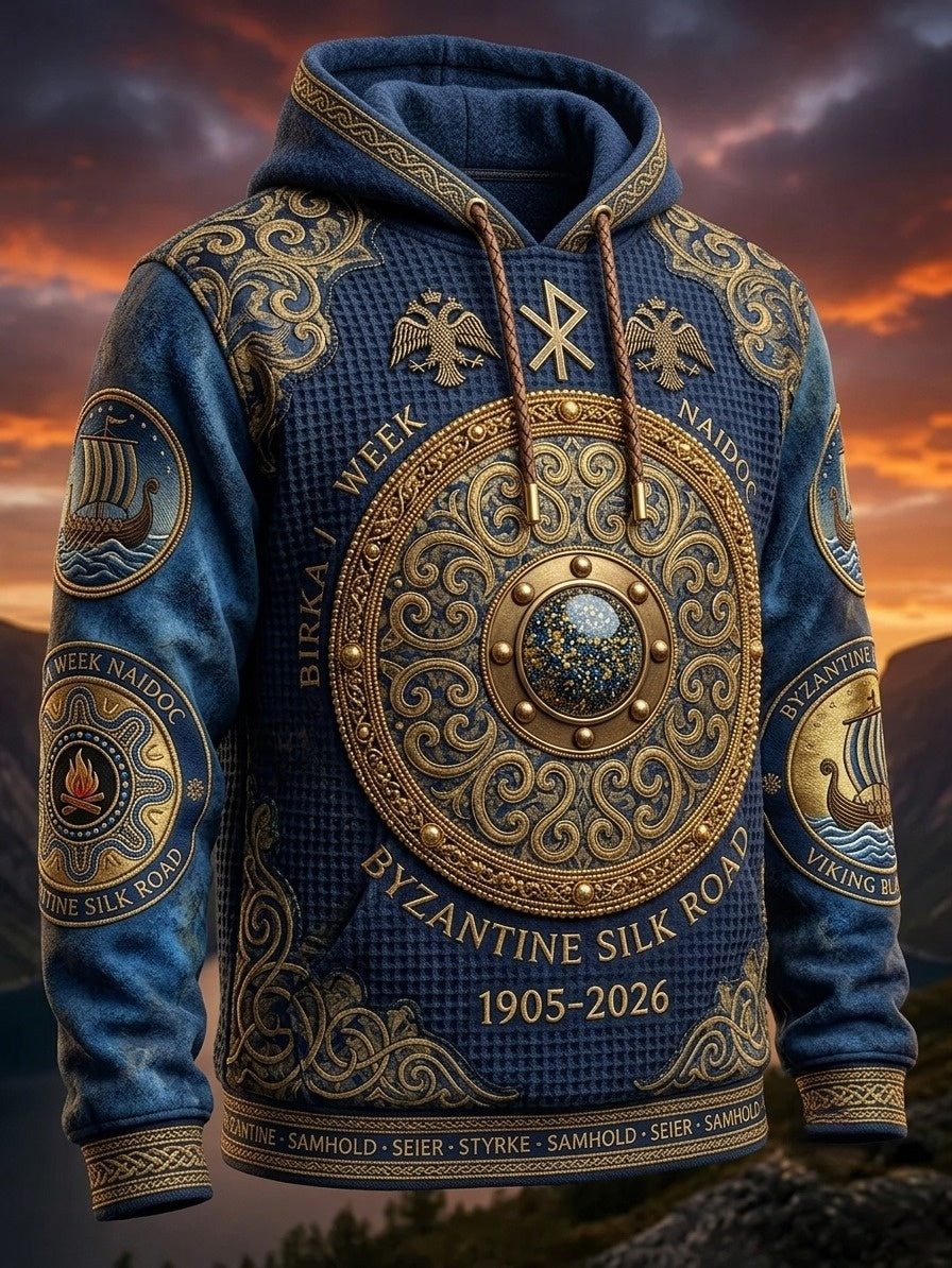 Herrar Retro Svensk Birka Vikingaveckor Viking Rundsköld Hoodie