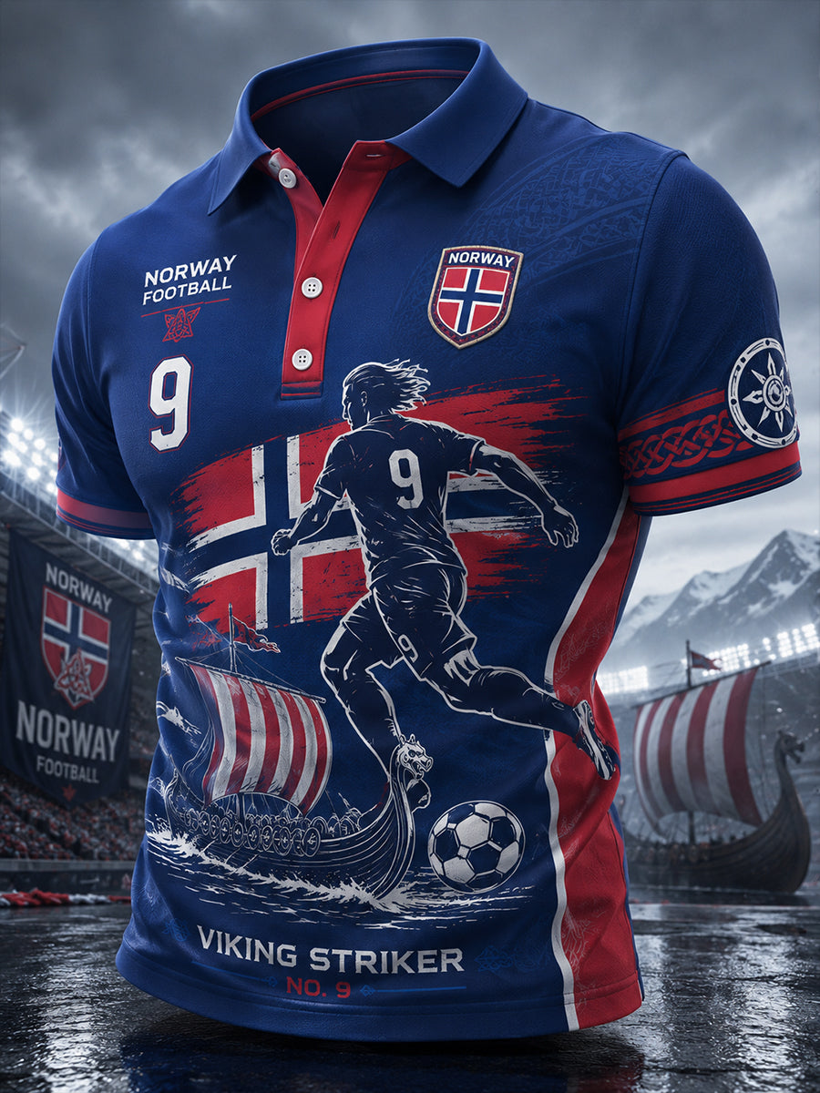 Polo-skjorte med korte ermer for menn, med trykk inspirert av vikinger og fotball