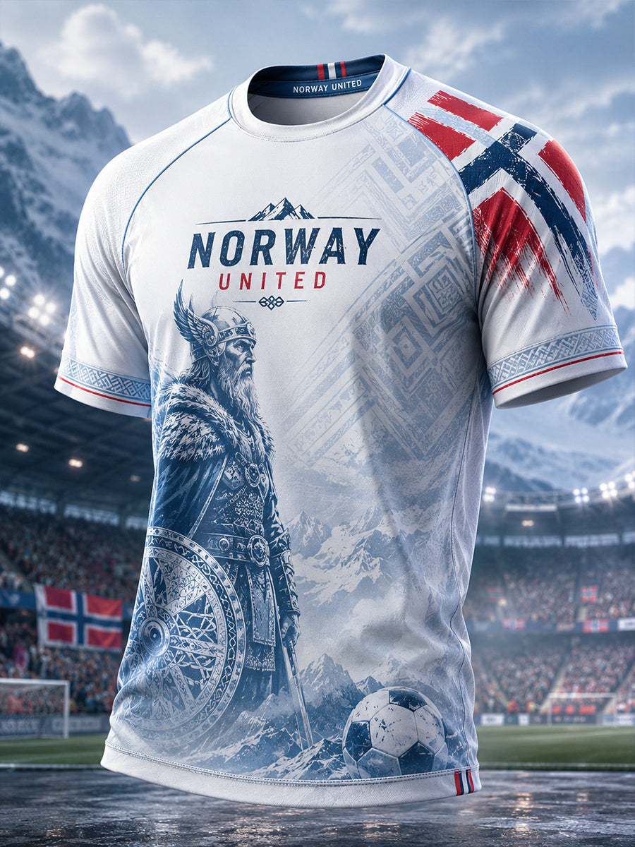 Herrers raglanskjorte med viking- og fotballmotiv, kortermet t-skjorte