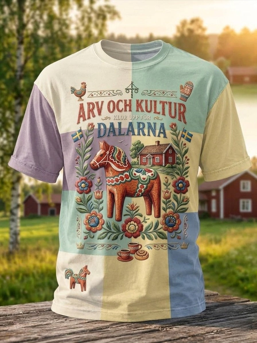 Mansvintage T-shirt med traditionell svensk dalahästtryck